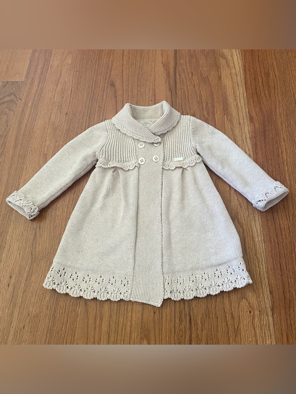 Mayoral Cream Knit Pea Coat Double Buttons with Shawl Collar And Lace Trim